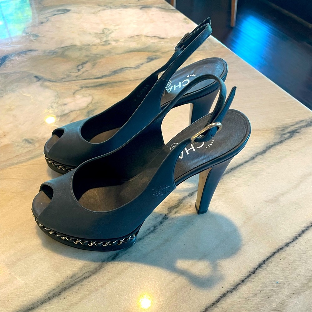 Gorgeous blue Chanel sling back heels